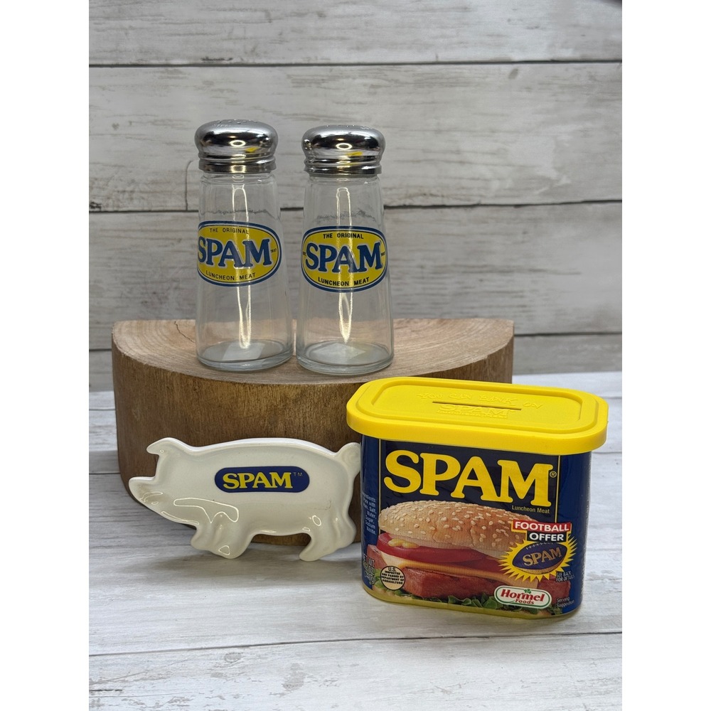 Vintage SPAM Collectible Set Salt Pepper Shakers Pig Dish Coin Bank Hormel
